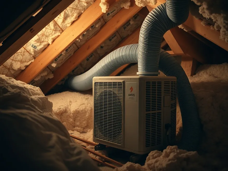 Air handler and flexible ducting in a hot residential attic among insulation batts