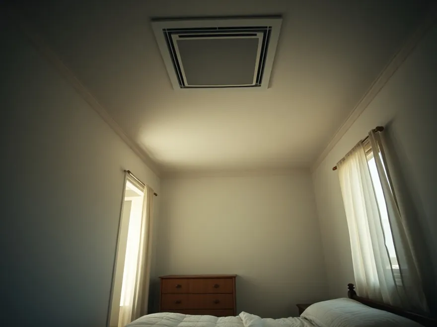 Quiet residential bedroom in soft evening light with a ceiling vent above