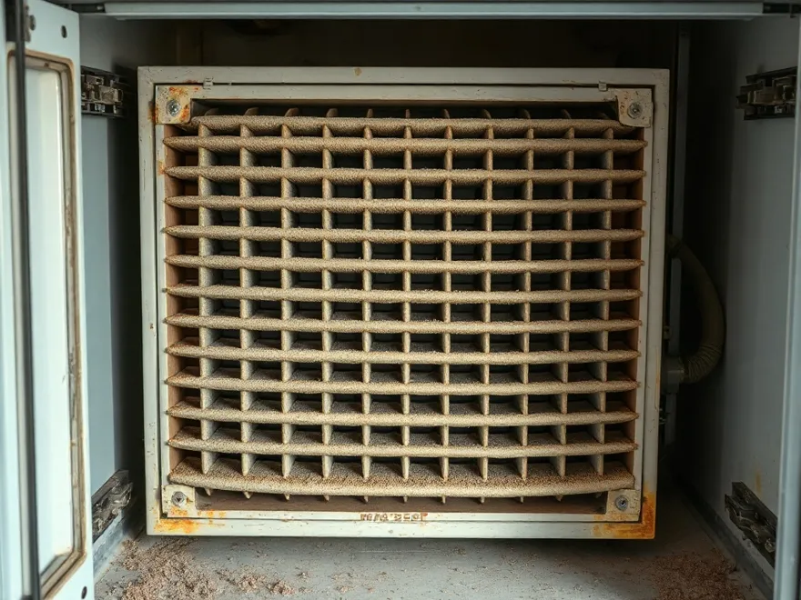Dirty evaporator coil inside an opened air handler cabinet with dust across the fins