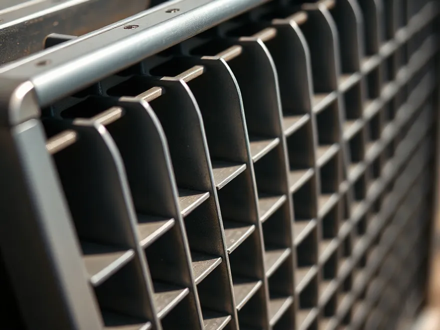 Close-up of bent aluminium condenser fins on an outdoor air conditioning unit