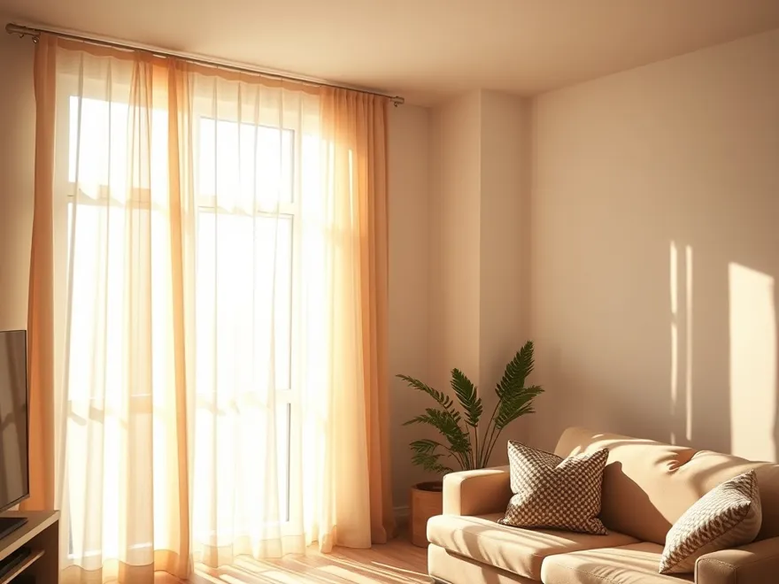 Sunlit living room with sheer curtains drawn against bright afternoon heat