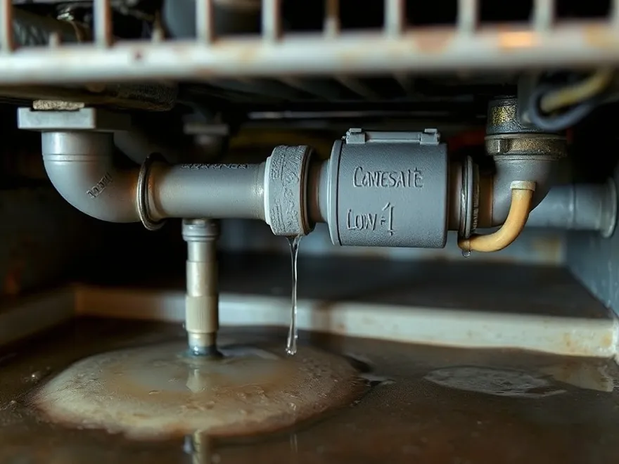 Condensate drain line and overflow pan under an air handler with water staining