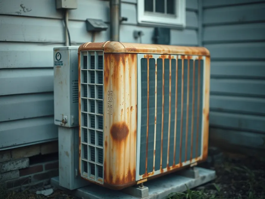 Aging rusted outdoor air conditioning condenser with faded paint beside a home