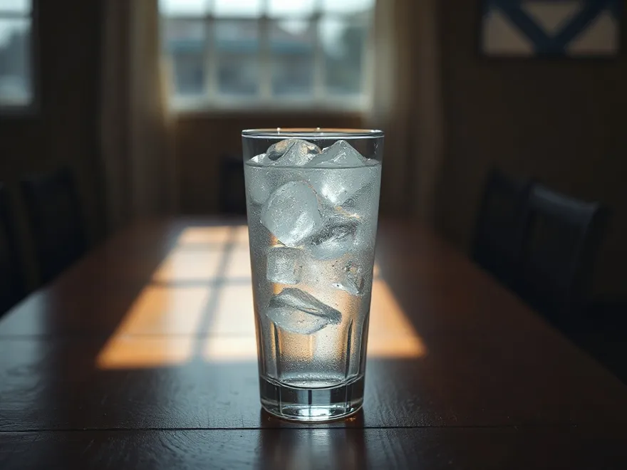 Glass of iced water sweating on a table in a cool shaded room on a hot day