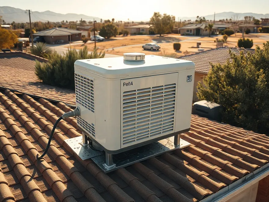 Roof mounted evaporative cooler on a low slope residential roof in a dry climate