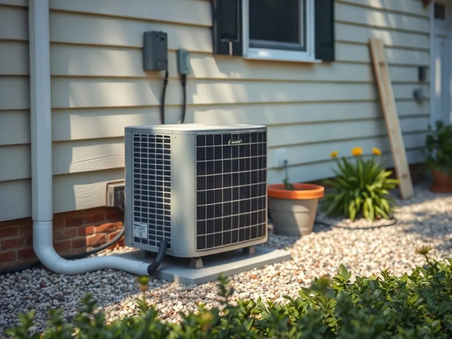 Outdoor residential air conditioning condenser beside a house wall on a gravel pad