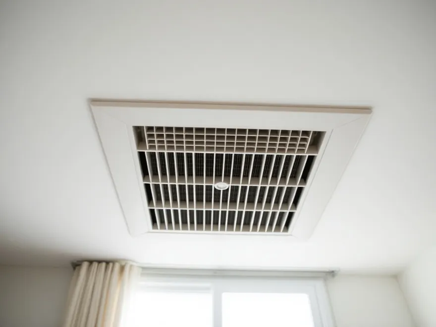 Ceiling supply air vent register in a residential room seen from below