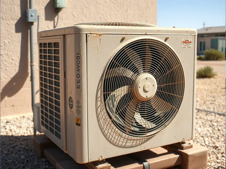 Outdoor condenser unit in harsh sunlight with sun-bleached plastic and dust packed into the fins