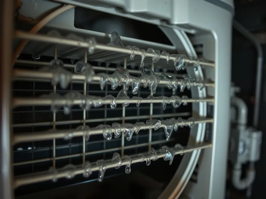 Air conditioner evaporator coil with heavy condensation on the fins and water in the drain pan