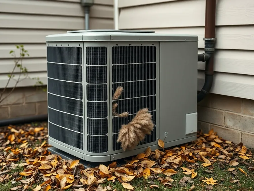 Outdoor condenser unit beside a house with leaves and seed fluff packed against the coil fins